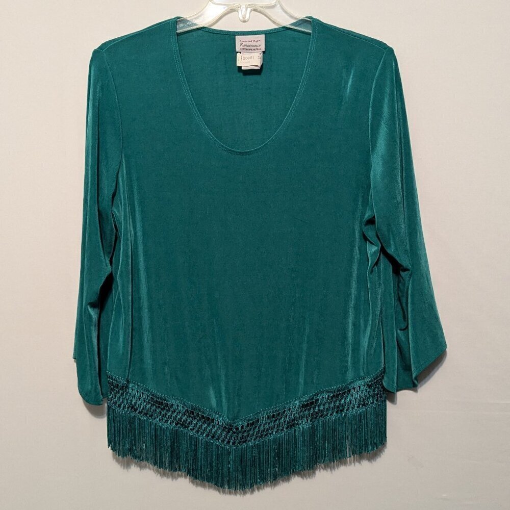 RENAISSANCE Teal Green, 3/4 Sleeve Stretchy Top w Tassels; Size XL
